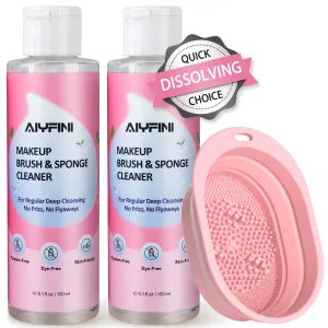 Alyfini Makeup Brush Cleaner Solution Concentrate - 10.2 Fl Oz Makeup Remover Shampoo Set with a Foldable Make Up Cleanser Silicone Bowl, Deep Cleaning Tool Kit for Makeup Brushes, Sponge and Puffs