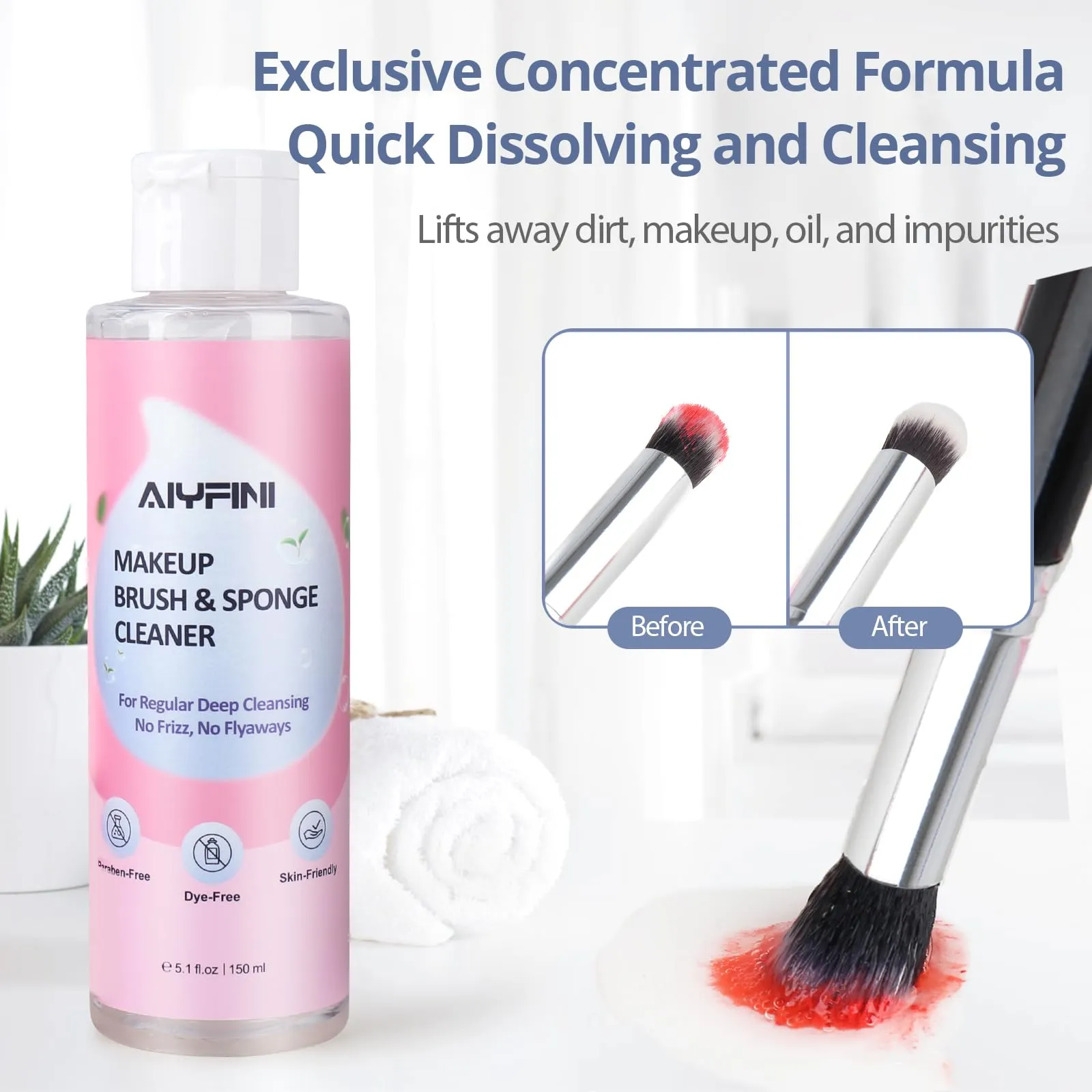 Alyfini Makeup Brush Cleaner Solution Concentrate - 10.2 Fl Oz Makeup Remover Shampoo Set with a Foldable Make Up Cleanser Silicone Bowl, Deep Cleaning Tool Kit for Makeup Brushes, Sponge and Puffs