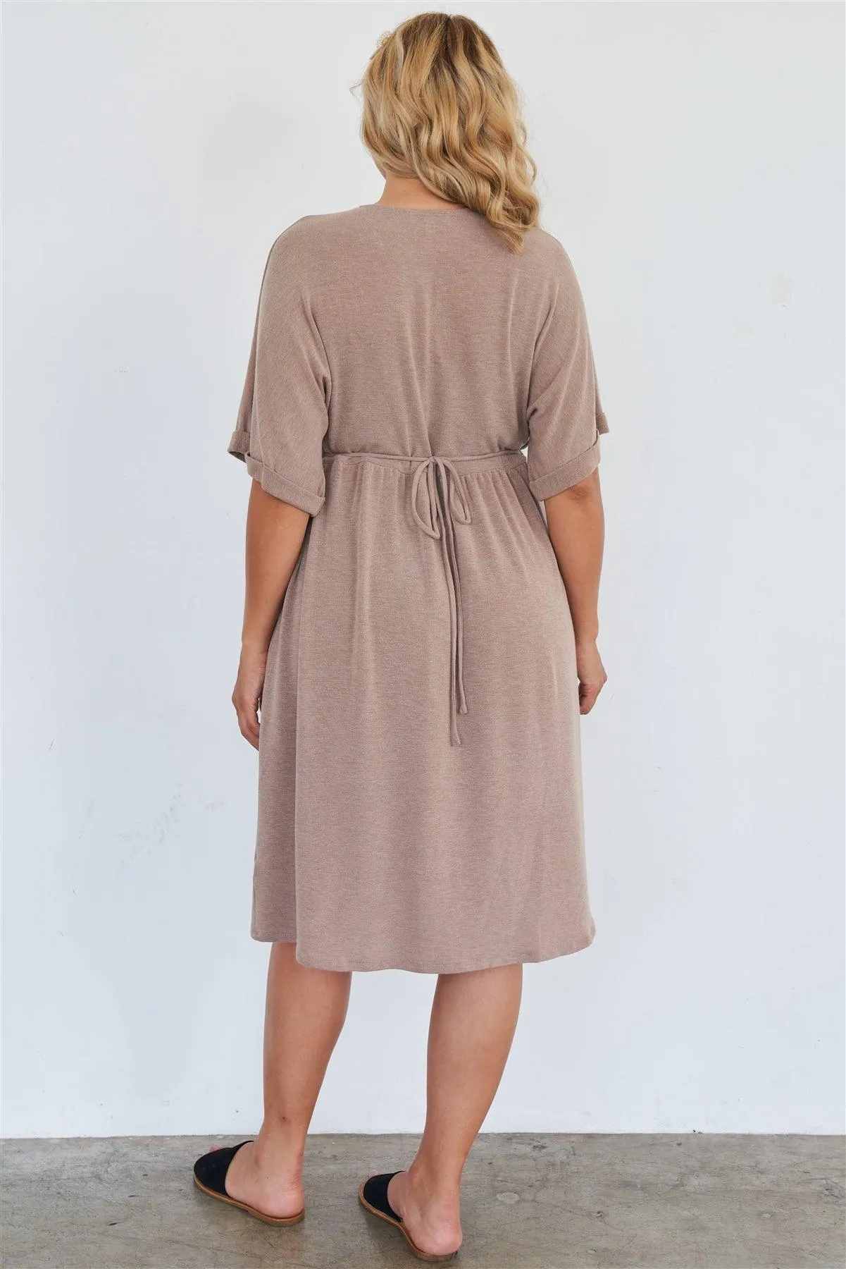 Comfy Mocha Fleece Short Sleeve Knee Length Button Up Dress /2-2-1-1