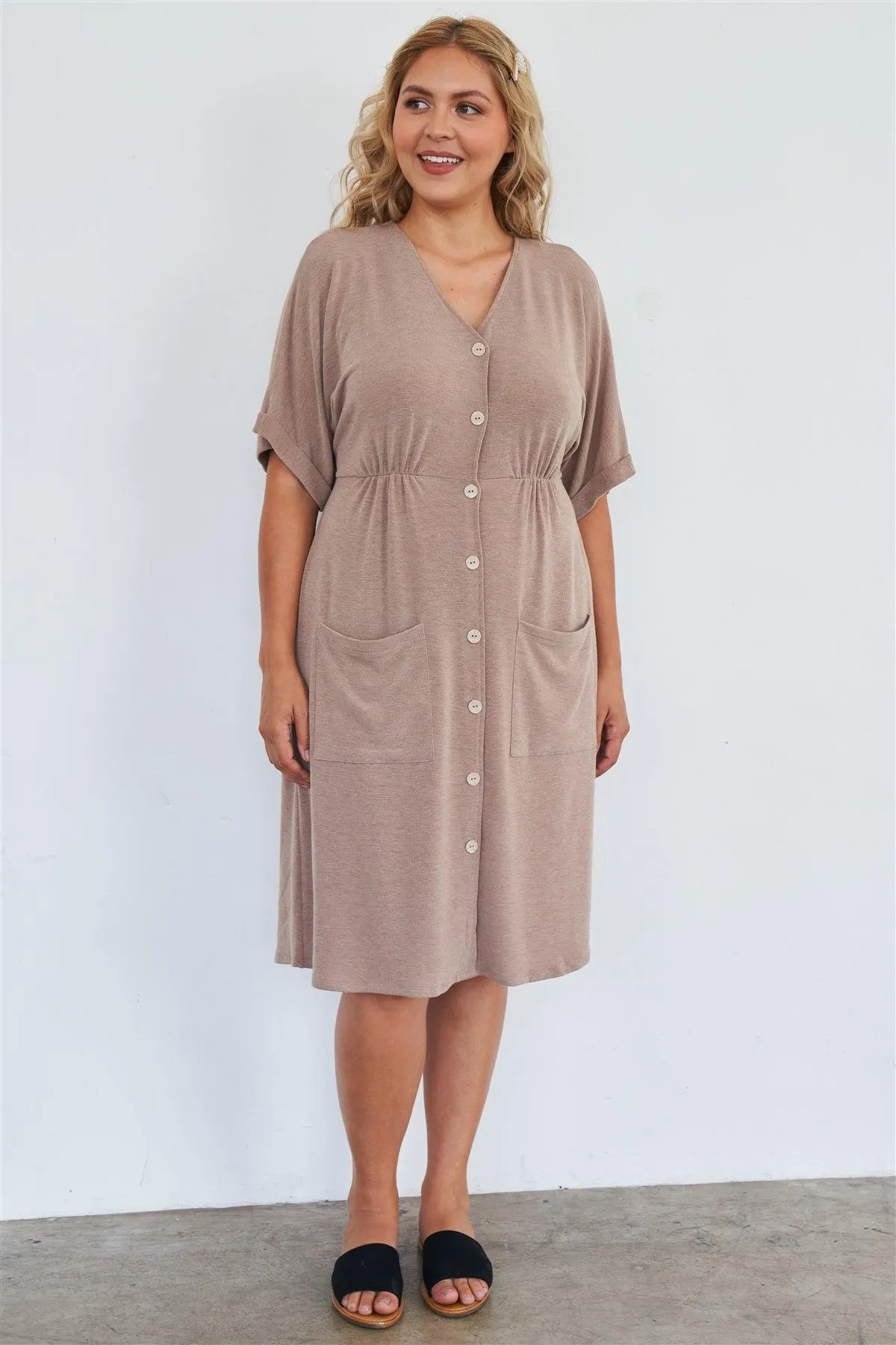 Comfy Mocha Fleece Short Sleeve Knee Length Button Up Dress /2-2-1-1