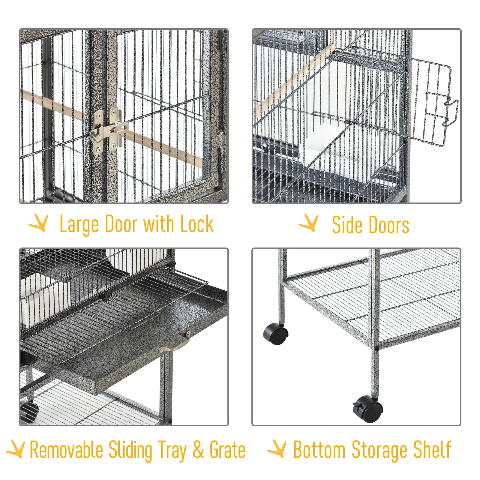 Double Rolling Metal Bird Cage Parrot Cage with Removable Metal Tray, Storage Shelf, Wood Perch, and Food Container