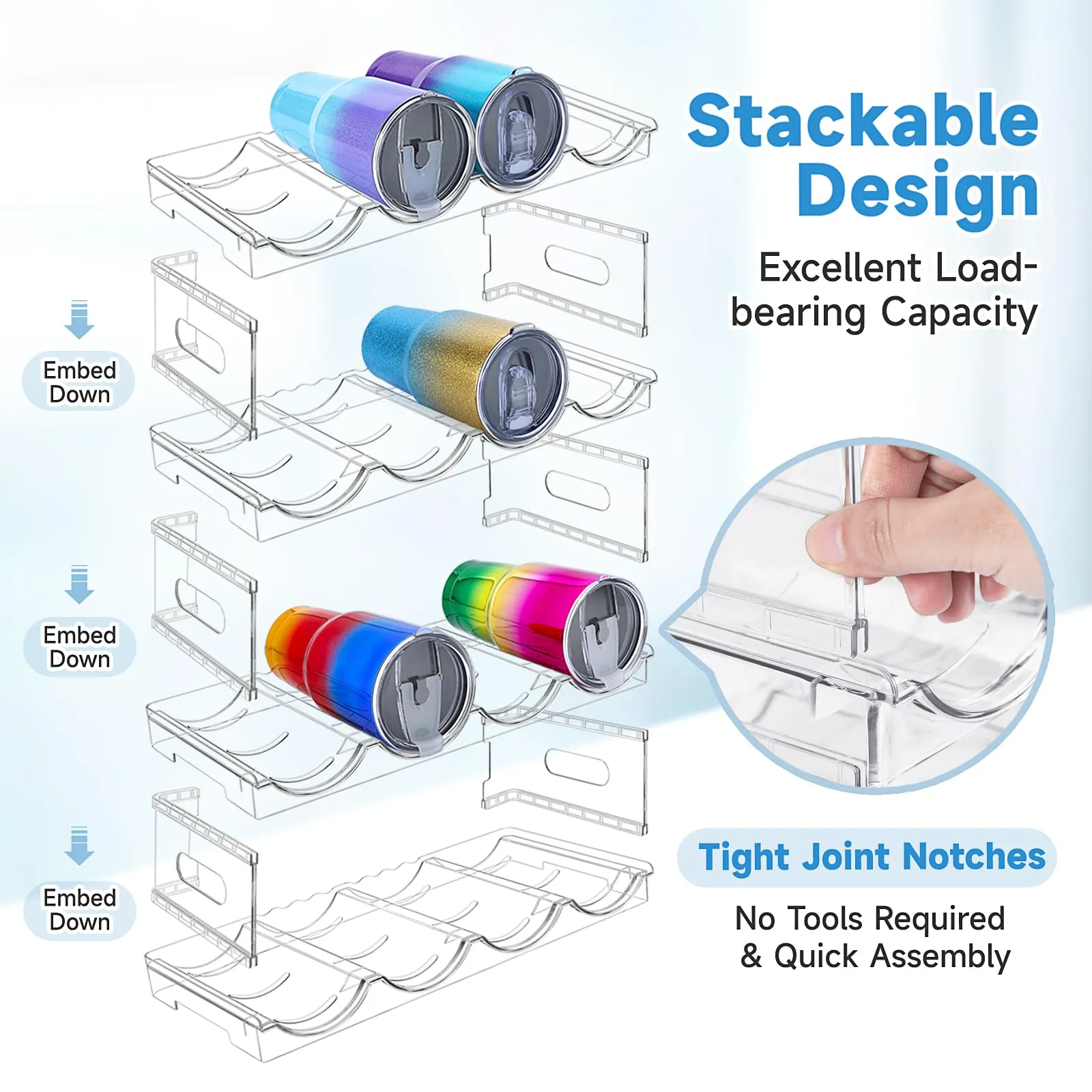 Large Compartment Water Bottle Organizer,4 Tier Stackable Water Bottle Rack for Cabinet,Tumbler Storage Organizer for Kitchen,Fridge,Cabinet Organization and Storage,Clear Water Bottle Storage Rack