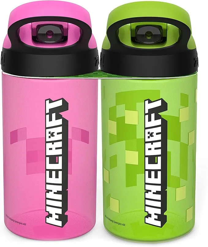 Minecraft Kids Leak-Proof Water Bottle Set with Straw - 16oz, 2-Pack | Creeper & Pig Design