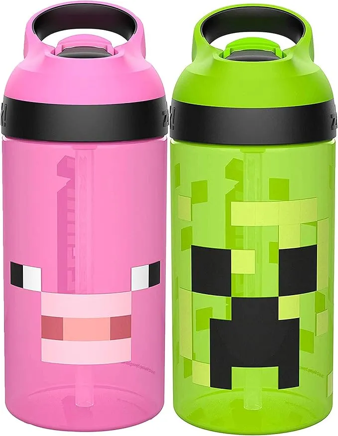 Minecraft Kids Leak-Proof Water Bottle Set with Straw - 16oz, 2-Pack | Creeper & Pig Design