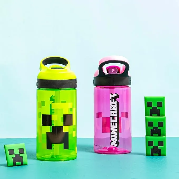 Minecraft Kids Leak-Proof Water Bottle Set with Straw - 16oz, 2-Pack | Creeper & Pig Design