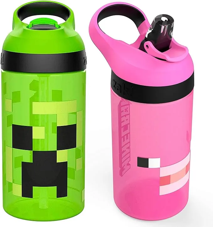 Minecraft Kids Leak-Proof Water Bottle Set with Straw - 16oz, 2-Pack | Creeper & Pig Design