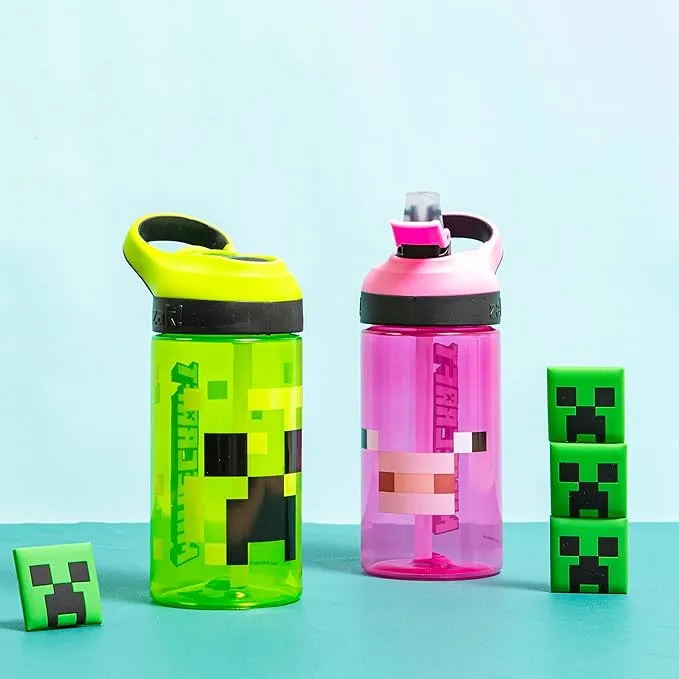 Minecraft Kids Leak-Proof Water Bottle Set with Straw - 16oz, 2-Pack | Creeper & Pig Design