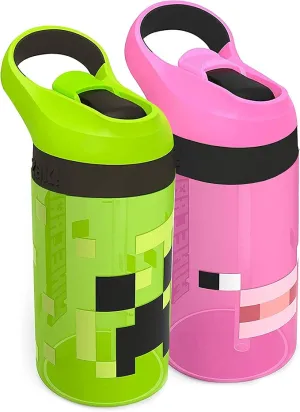 Minecraft Kids Leak-Proof Water Bottle Set with Straw - 16oz, 2-Pack | Creeper & Pig Design