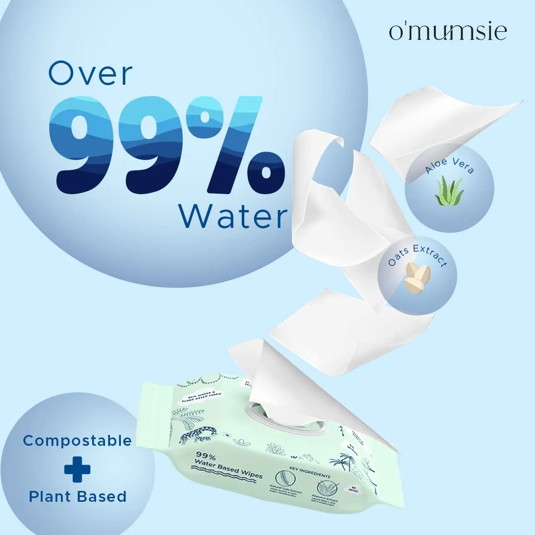 Omumsie 99% Pure Water (Unscented)Thickest Plant Based Baby Wipes Pack of 3