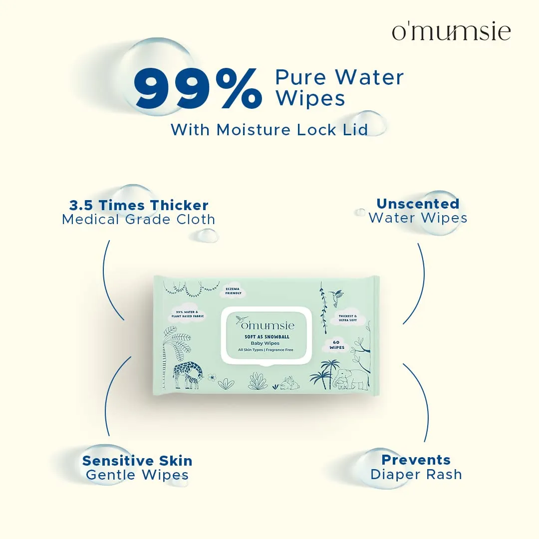 Omumsie 99% Pure Water (Unscented)Thickest Plant Based Baby Wipes Pack of 3