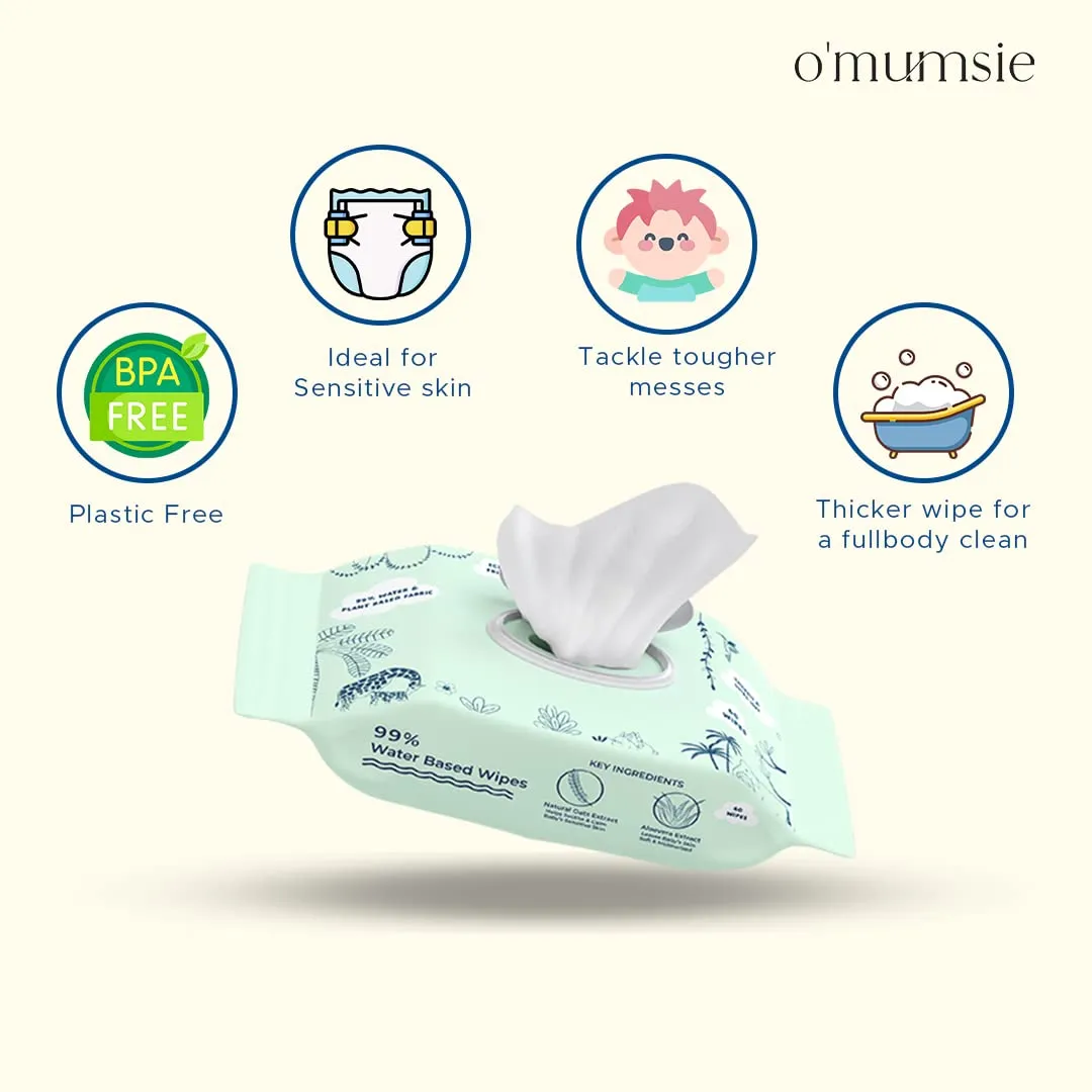 Omumsie 99% Pure Water (Unscented)Thickest Plant Based Baby Wipes Pack of 3