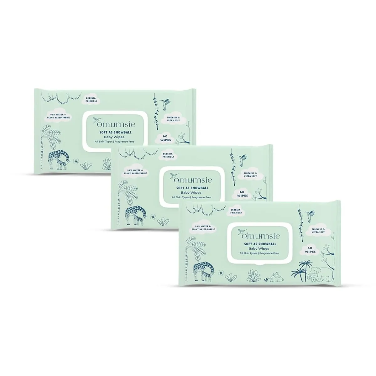 Omumsie 99% Pure Water (Unscented)Thickest Plant Based Baby Wipes Pack of 3