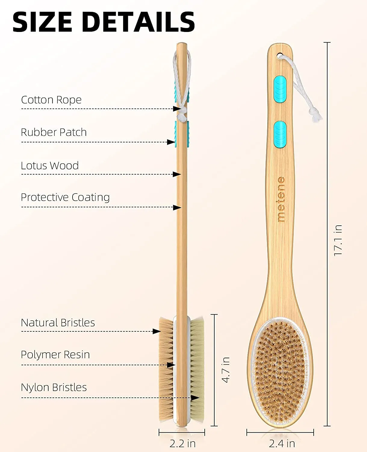 Shower Brush with Soft and Stiff Bristles, Bath Dual-Sided Long Handle Back Scrubber Body Exfoliator for Wet or Dry Brushing