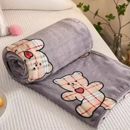 Soft fleece blanket, Happy bear design gray color