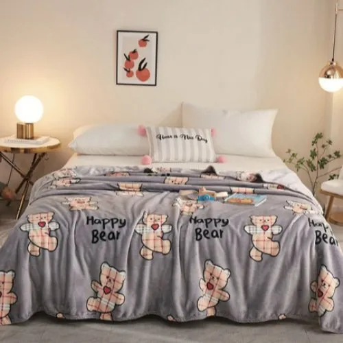 Soft fleece blanket, Happy bear design gray color