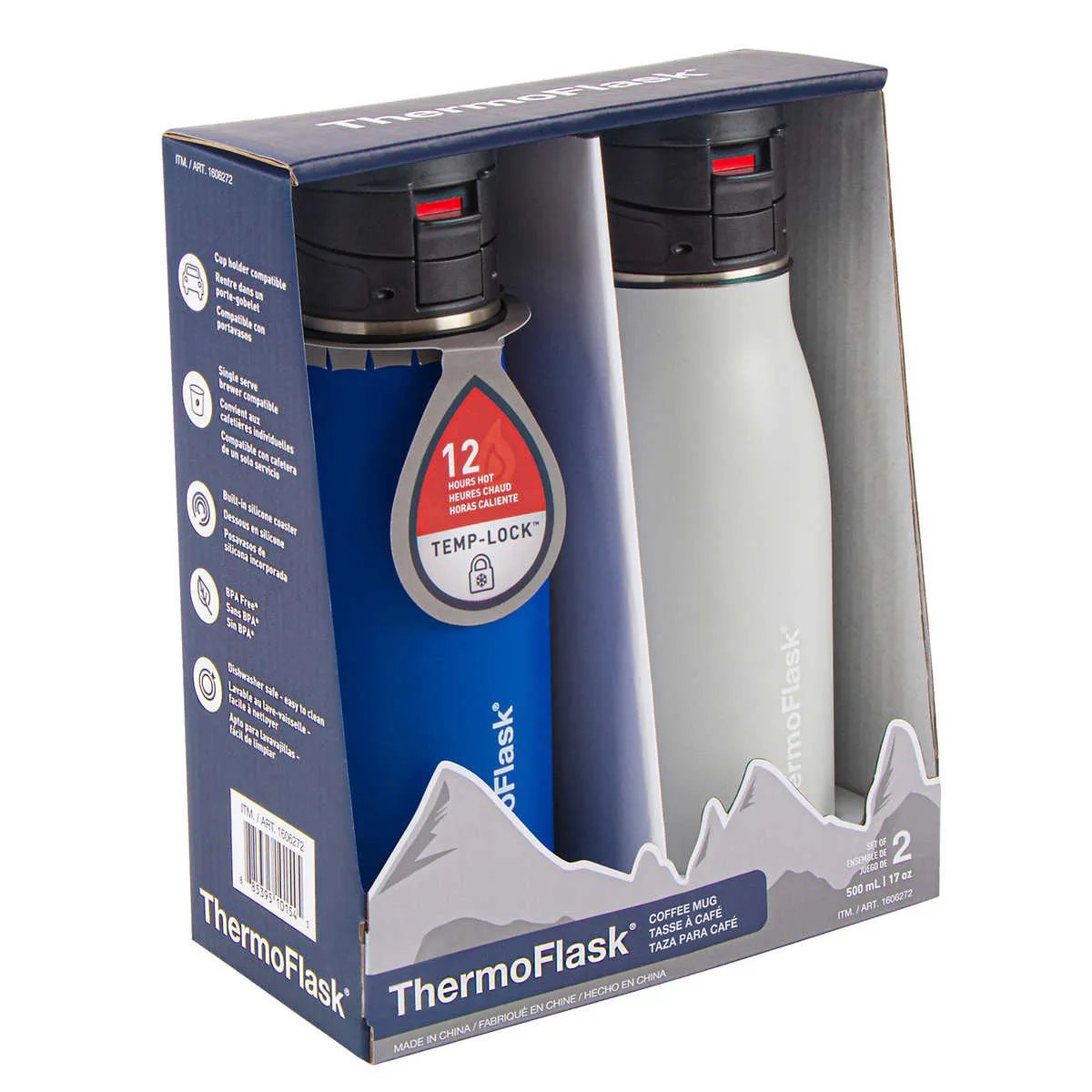 Thermoflask Coffee Mug - 12 Hours Hot Temp-Lock  500 mL (17 oz.) Travel Mug, 2-pack - White/Blue