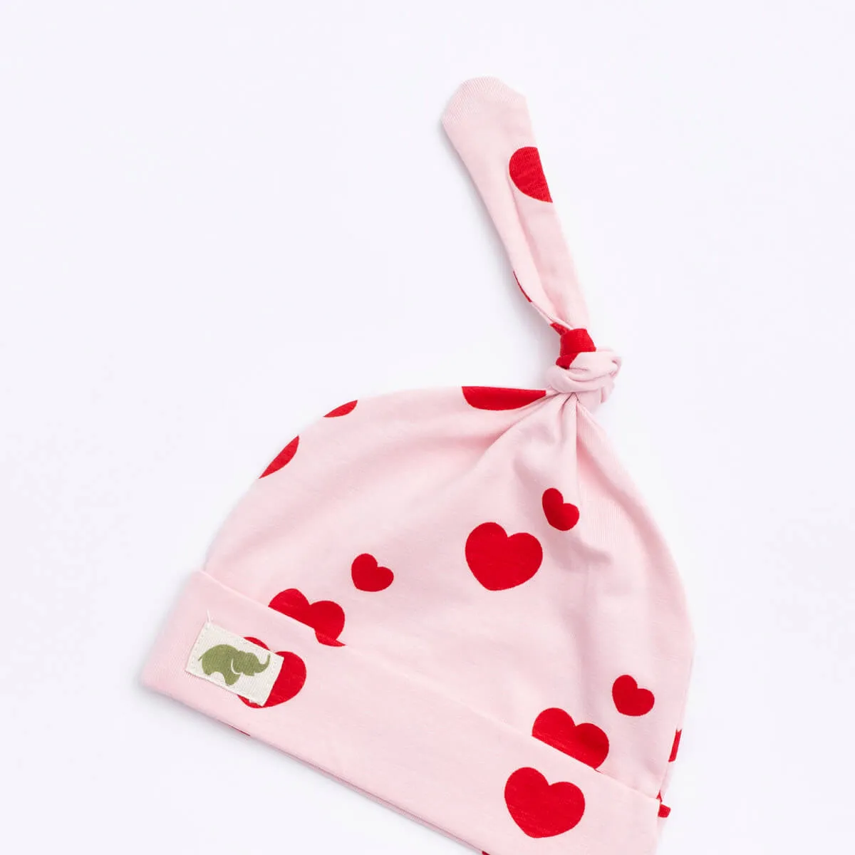 Top Knot Cap_Red Hearts on Pink